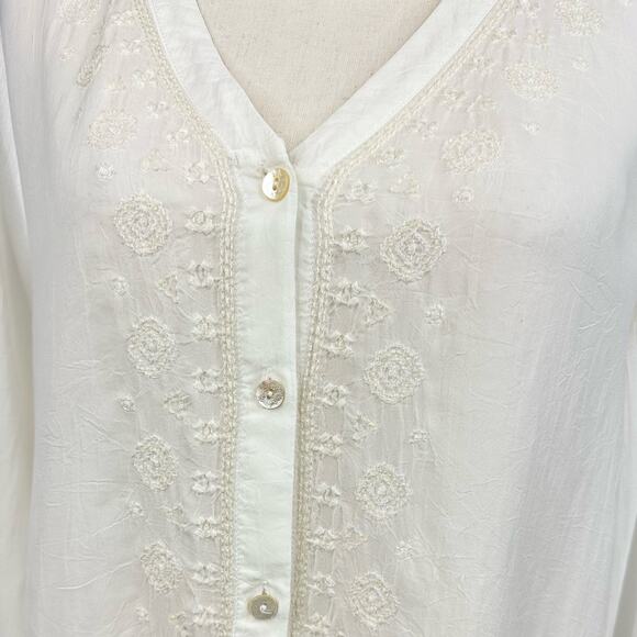 J Jill Cream Vneck Button Front Blouse Top Semi Sheer Embroidered Trim Medium - Picture 2 of 7